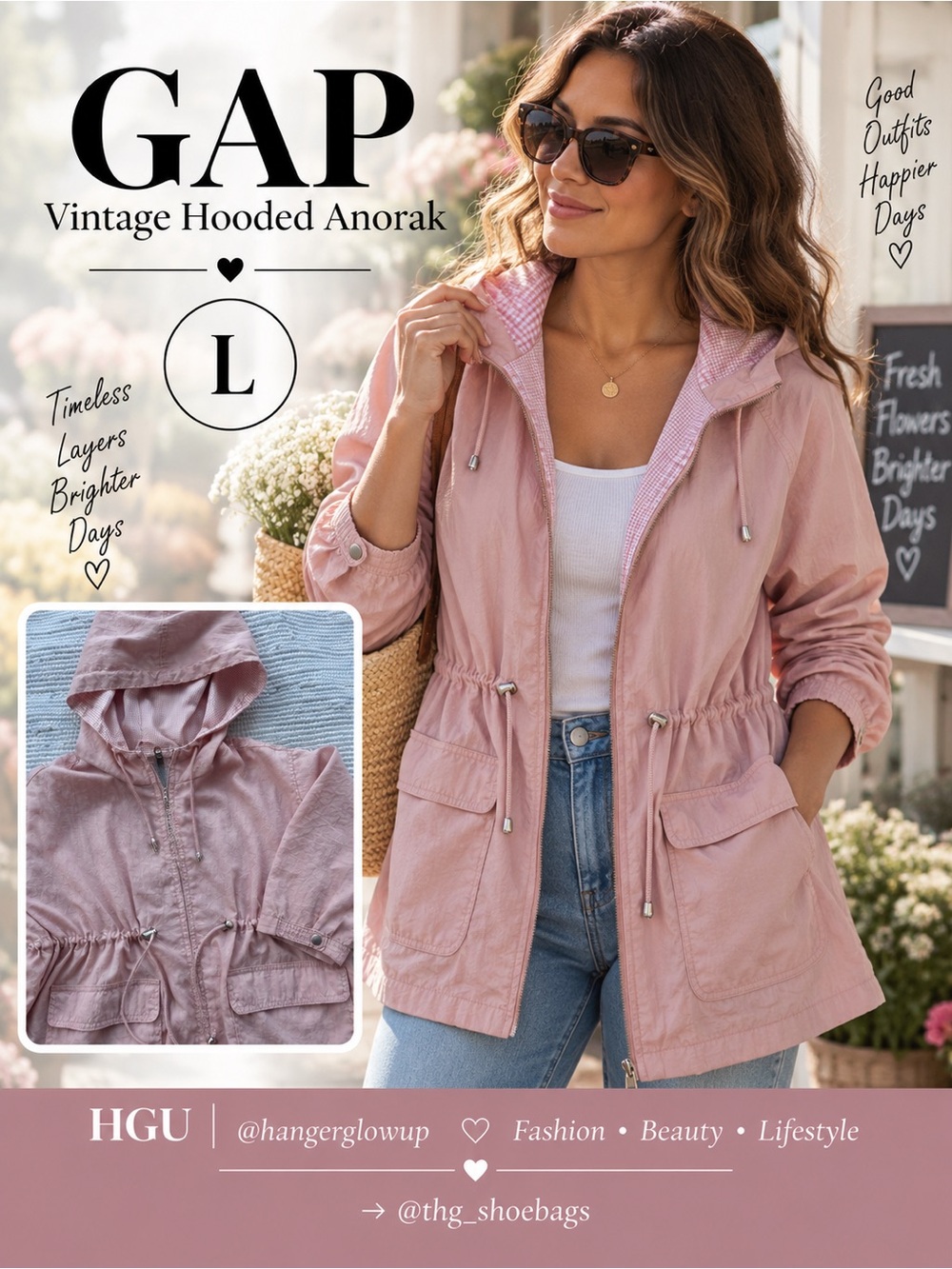 Vintage GAP Dusty Blush Pink Hooded Anorak Jacket Gingham Lining L